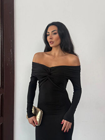 Kadın Siyah Madonna Yaka Düğümlü Uzun Kollu Midi Boy Elbise