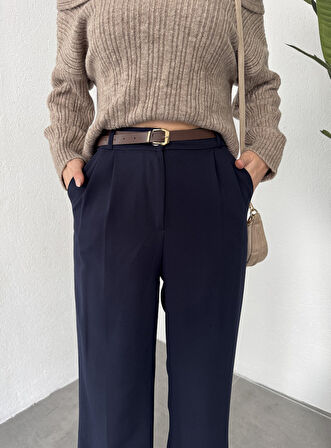 Lacivert Pileli Tam Kalıp Bel Oturtmalı Geniş Paça Palazzo Pantolon