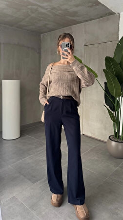 Lacivert Pileli Tam Kalıp Bel Oturtmalı Geniş Paça Palazzo Pantolon