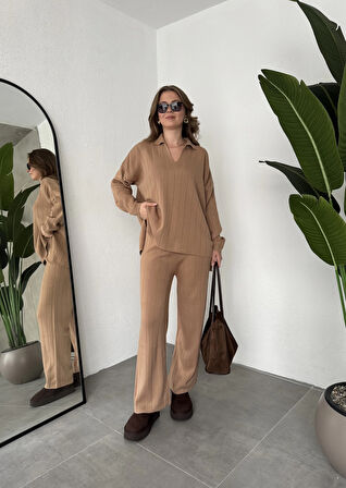 Vizon Polo Yakalı Kazak İspanyol Paça Triko Pantolon İkili Takım