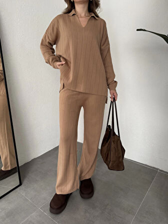 Vizon Polo Yakalı Kazak İspanyol Paça Triko Pantolon İkili Takım