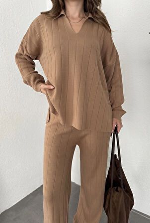 Vizon Polo Yakalı Kazak İspanyol Paça Triko Pantolon İkili Takım