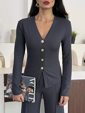 Antrasit Gold Düğme Detaylı V Yaka Hırka İspanyol Paça Çimalı Viral Günlük Takım