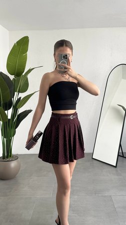Kadın Bordo Taşlı Pırıltılı Astarlı Şortlu Kemerli Pileli Yazlık Mini Etek