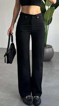 Kadın Siyah Yüksek Bel Wide Leg Düz Kesim Denim Pantolon Bol Paça Kot Pantolon