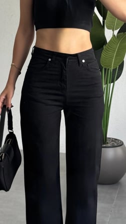 Kadın Siyah Yüksek Bel Wide Leg Düz Kesim Denim Pantolon Bol Paça Kot Pantolon