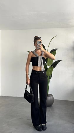 Kadın Siyah Yüksek Bel Wide Leg Düz Kesim Denim Pantolon Bol Paça Kot Pantolon