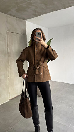 Kahverengi Kruvaze Boğazlı Dik Yaka Düğmeli Apoletli Kaşe Kaban Mont