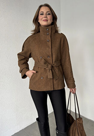 Kahverengi Kruvaze Boğazlı Dik Yaka Düğmeli Apoletli Kaşe Kaban Mont