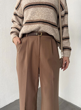 Açık Kahverengi Pileli Tam Kalıp Bel Oturtmalı Geniş Paça Palazzo Pantolon