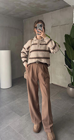 Açık Kahverengi Pileli Tam Kalıp Bel Oturtmalı Geniş Paça Palazzo Pantolon