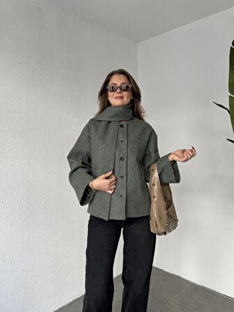 Yeşil Melanj Bisiklet Yaka Şal Aksesurlı Düğmeli Kaşe Ceket Mont