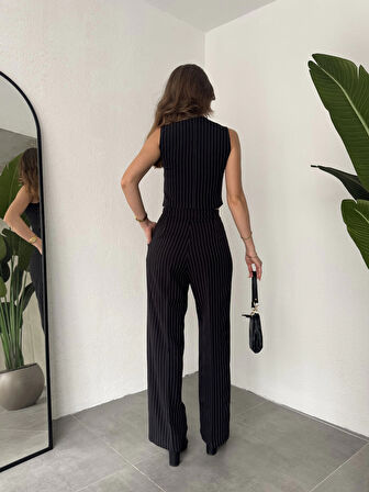 Siyah Çizgili Düğmeli Yelek Pileli Palazzo Pantolon İkili Takım