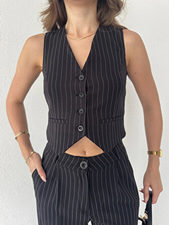 Siyah Çizgili Düğmeli Yelek Pileli Palazzo Pantolon İkili Takım