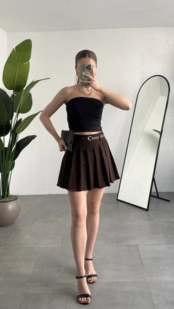 Kadın Kahverengi Taşlı Pırıltılı Astarlı Şortlu Kemerli Pileli Yazlık Mini Etek