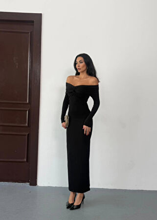 Kadın Siyah Madonna Yaka Düğümlü Uzun Kollu Midi Boy Elbise