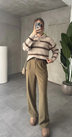 Haki Pileli Tam Kalıp Bel Oturtmalı Geniş Paça Palazzo Pantolon