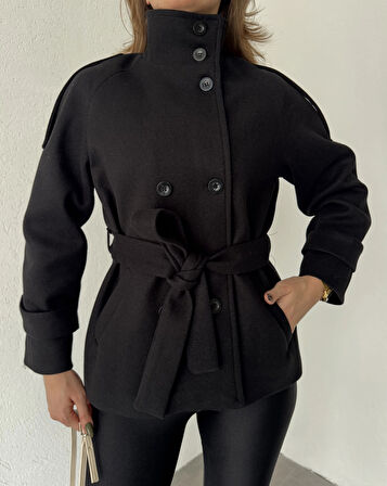 Siyah Kruvaze Boğazlı Dik Yaka Düğmeli Apoletli Kaşe Kaban Mont