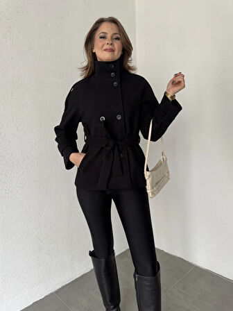 Siyah Kruvaze Boğazlı Dik Yaka Düğmeli Apoletli Kaşe Kaban Mont