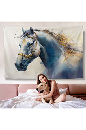 Altın Detaylı Beyaz At Duvar Örtüsü-7278