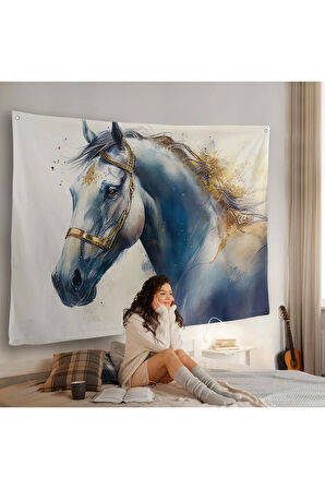 Altın Detaylı Beyaz At Duvar Örtüsü-7278