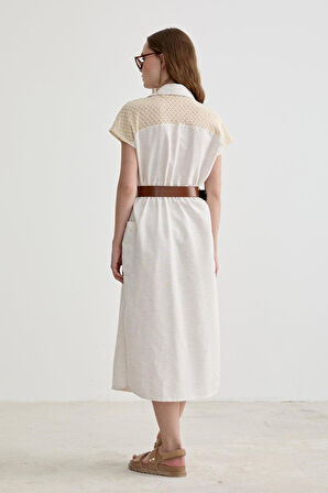 Vos Versa Kadın Dantel Detaylı Beli Kemerli Keten Taş Elbise VVK7279