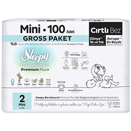 Sleepy Bio Natural Premium Plus Gross Paket Bebek Bezi 2 Numara Mini 100 Adet