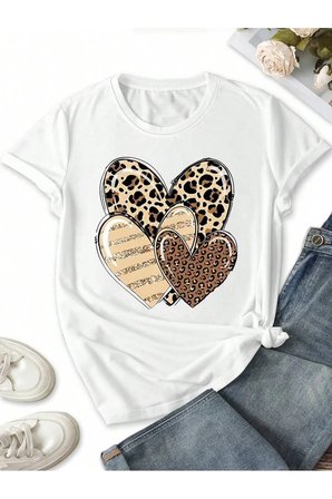 Unisex Leopar Desenli Kalpler Baskılı Tasarım Tshirt