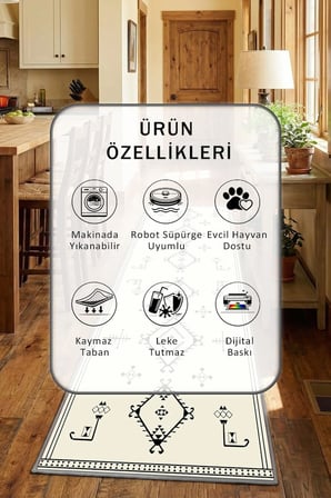 Kleopatra Krem Syh Gri Mutfak Halısı Yıkanabilir Kaymaz Leke Tutmaz Dijital Baskı