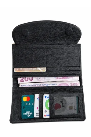 Unisex Hakiki Deri Siyah Çok Bölmeli Fermuarlı Uzun Cüzdan