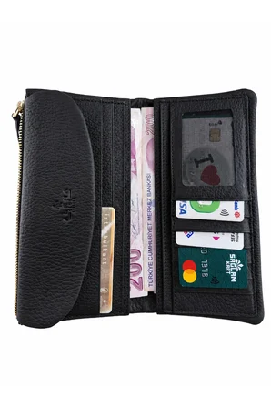 Unisex Hakiki Deri Siyah Çok Bölmeli Fermuarlı Uzun Cüzdan