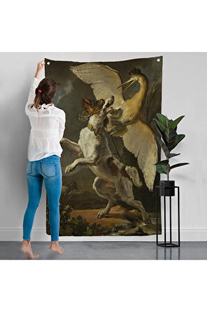 Abraham Hondius - Kuşa Saldıran Köpek Duvar Örtüsü - Dog fighting a heron-7281