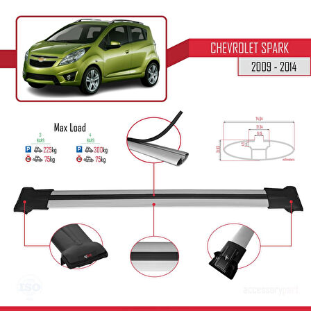Chevrolet Spark (M300) 2009-2014 Arası ile Uyumlu FLY Model Ara Atkı Tavan Barı Gri 3 Adet
