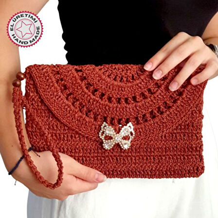 Uretti - Sümeyya 2589 2956 El Yapımı Kelebek Tokalı Tahta Boncuklu Kağıt İp Clutch Çanta