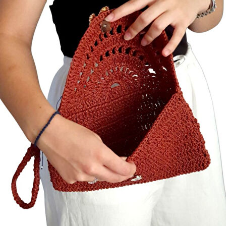 Uretti - Sümeyya 2589 2956 El Yapımı Kelebek Tokalı Tahta Boncuklu Kağıt İp Clutch Çanta