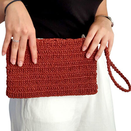 Uretti - Sümeyya 2589 2956 El Yapımı Kelebek Tokalı Tahta Boncuklu Kağıt İp Clutch Çanta