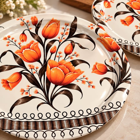 2’li 24 cm Lale Desenli Servis Tepsisi Seti Turuncu Çiçekli Dekoratif Sunum Tepsi