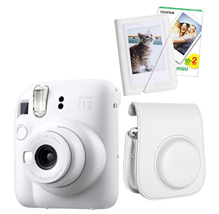 Fujifilm Instax Mini 12 20 Filmli Mini Albüm ve Deri Kılıflı Beyaz Fotoğraf Makinesi