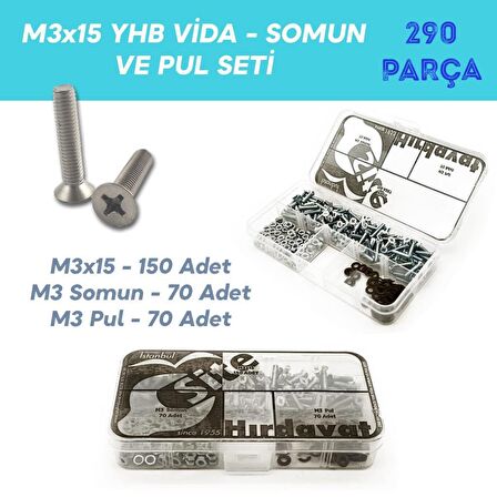 M3x15 YHB Vida Somun ve Pul Seti, 290 Parça