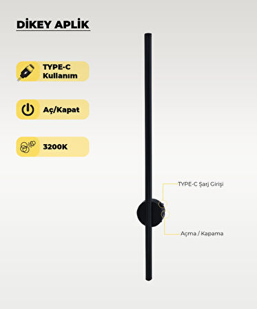 Şarjlı Siyah Dikey Aplik 3200K Sarı Işık – Elektrik Gerektirmez