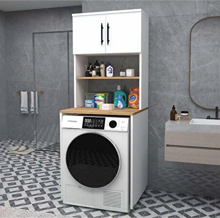 Reyo Home Enda Çamaşır Makinesi Dolabı 3 Raflı Kapaklı Banyo Dolabı Atlantik Çam - Beyaz