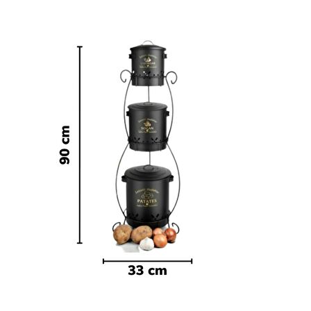 Piev Metal 3 Katlı Ferforje Patates Soğan Sarımsak Kabı Düzenleyici Organizer Siyah