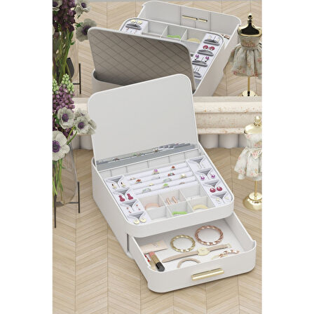 Piev House By House Çekmeceli Aynalı ve Üç Katlı Çekmeceli Takı Kozmetik Organizer İkili Set