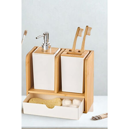 Piev Standlı Çekmeceli Bambu Sabunluk Diş Fırçalık