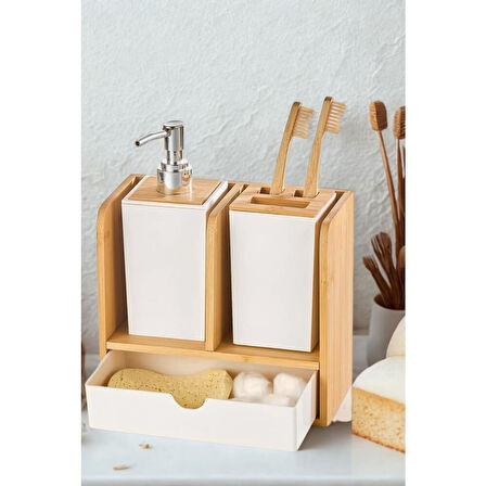 Piev Standlı Çekmeceli Bambu Sabunluk Diş Fırçalık