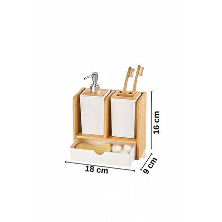Piev Standlı Çekmeceli Bambu Sabunluk Diş Fırçalık