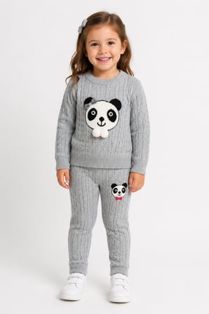 1-5 Yaş Kız Çocuk Panda Desenli Saç Örgü Kışlık Triko Takım 23217