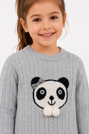 1-5 Yaş Kız Çocuk Panda Desenli Saç Örgü Kışlık Triko Takım 23217