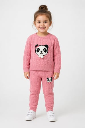 1-5 Yaş Kız Çocuk Panda Desenli Saç Örgü Kışlık Triko Takım 23217