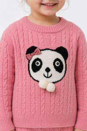 1-5 Yaş Kız Çocuk Panda Desenli Saç Örgü Kışlık Triko Takım 23217